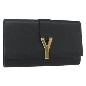 SAINT LAURENT Y line Rive Gauche Clutch Bag Leather Black Gold Auth BA9179V